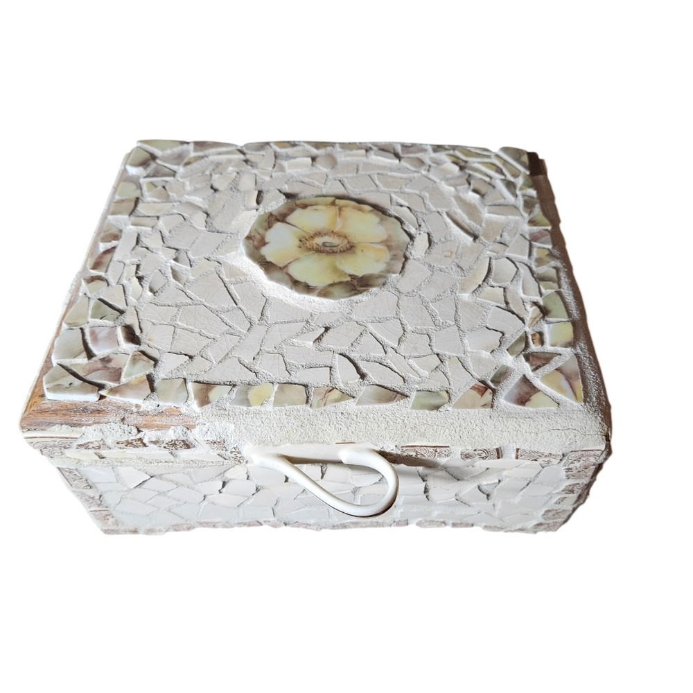 Large vintage mosaic handmade jewelry box with tea cup handle.